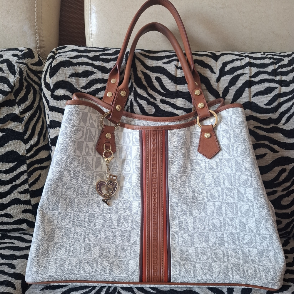 BONIA White Monogram Tote Bag With Leather Trim